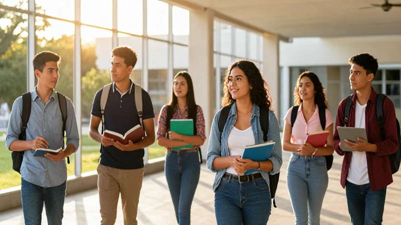 Jóvenes mexicanos en campus vibrante bajo luz dorada