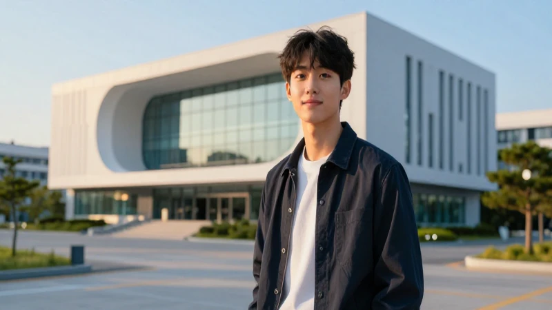Estudiante coreano en campus futurista al atardecer