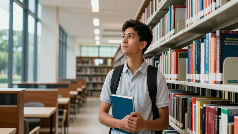 Estudiante mexicano en biblioteca moderna con estilo vibrante