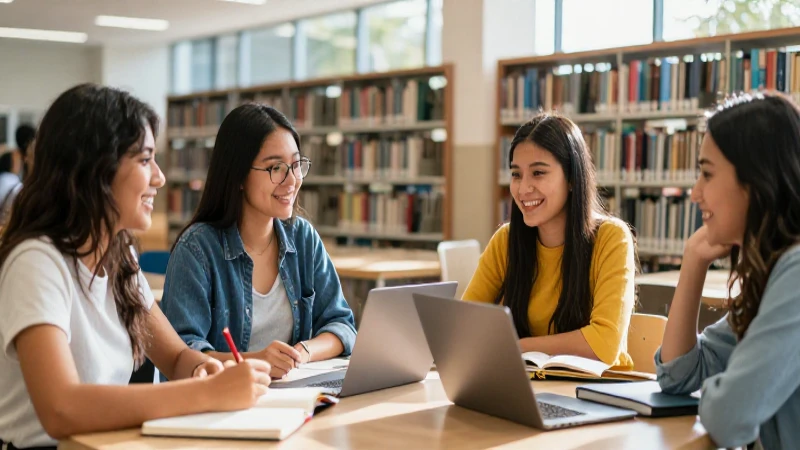 Estudiantes mexicanos entusiastas en una biblioteca moderna