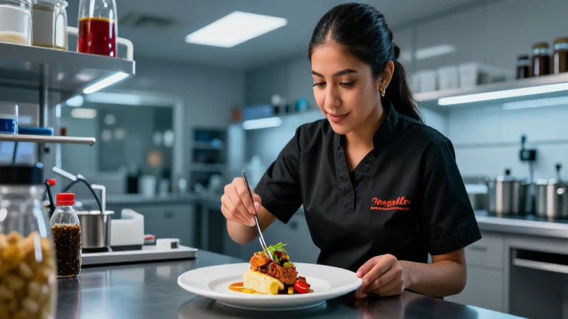 Estudiante de cocina emplata un plato gourmet