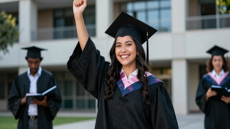 Estudiante mexicana triunfante en campus universitario moderno