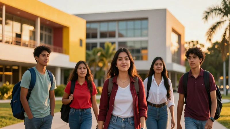 Estudiantes mexicanos en campus modernamente iluminado