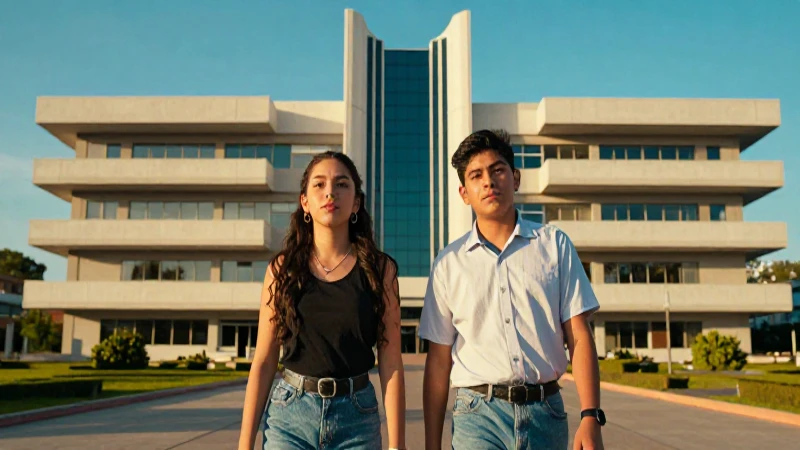 Estudiantes mexicanos ante un edificio futurista