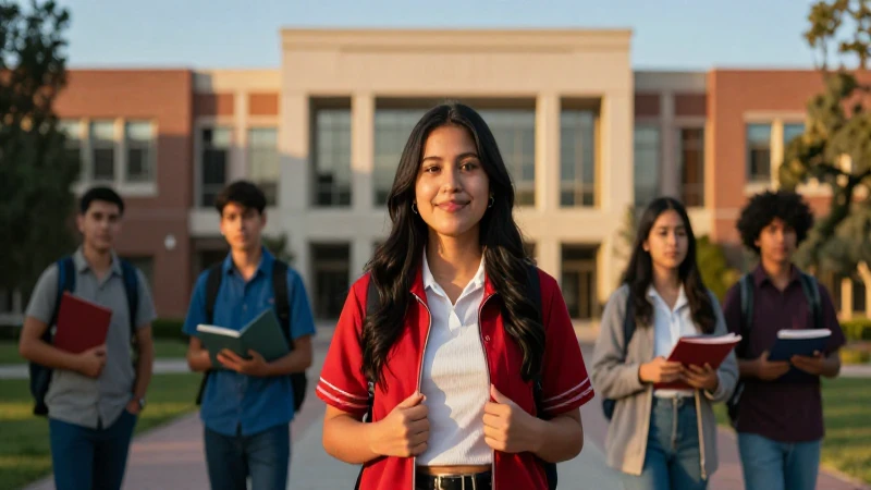 Estudiante universitario mexicano en campus moderno al atardecer