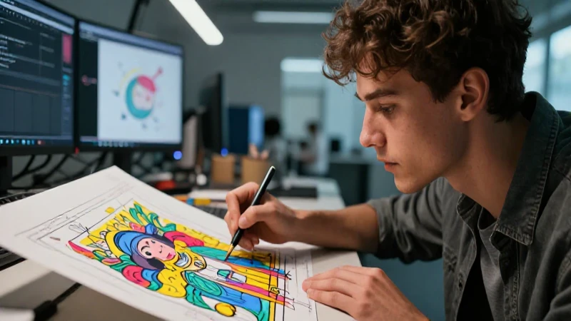 Joven diseñadora apasionada en estudio con luz dramática