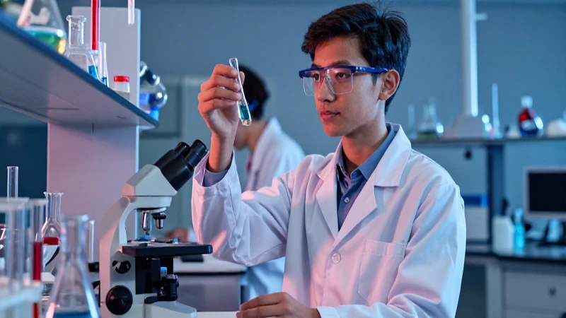 Estudiante ambicioso en laboratorio químico moderno