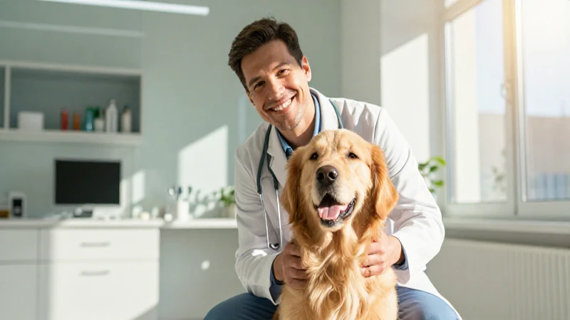 Veterinario sonriente examina al golden retriever feliz