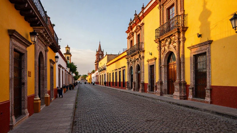 Calle colonial mexicana vibrante al atardecer
