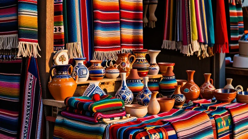 Mercado vibrante con artesanías mexicanas al atardecer