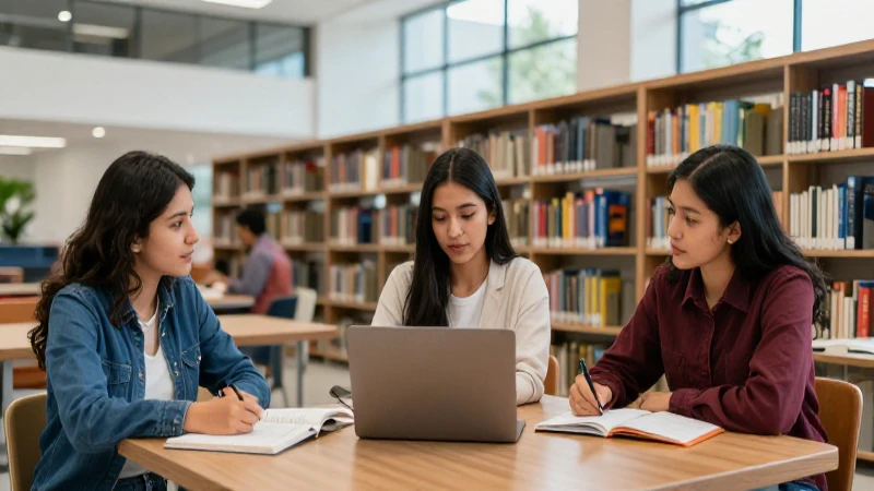 Estudiante mexicano en biblioteca moderna y vibrante