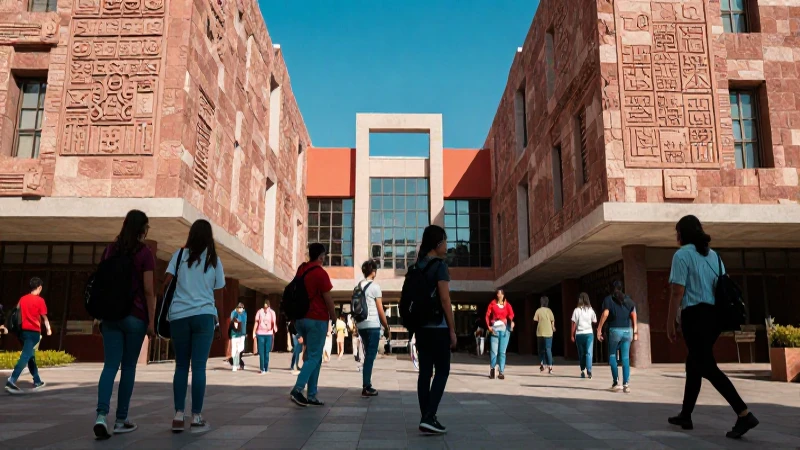 Estudiantes mexicanos en campus moderno con toque ancestral