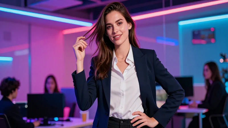 Joven promotora profesional con pose dinámica