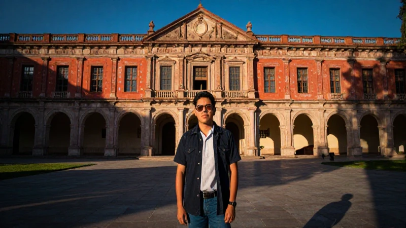 Joven mexicano en academia vibrante al atardecer