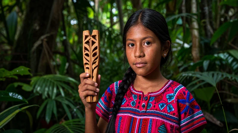 Retrato de niña maya en jungla vibrante