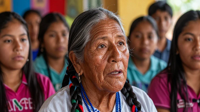 Anciano indígena habla en comunidad vibrante