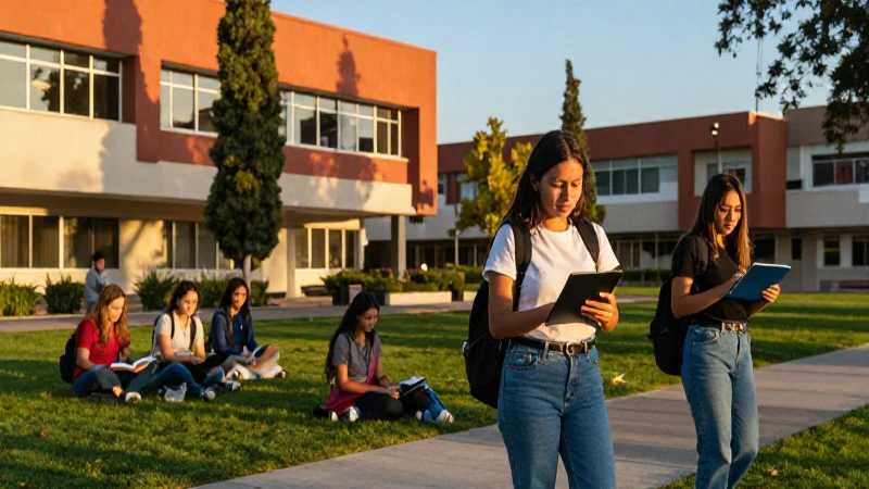 Estudiante mexicano en campus moderno y vibrante