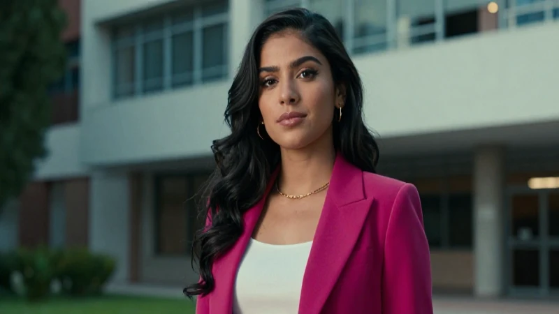 Mujer mexicana confiada en campus con estilo cinematográfico