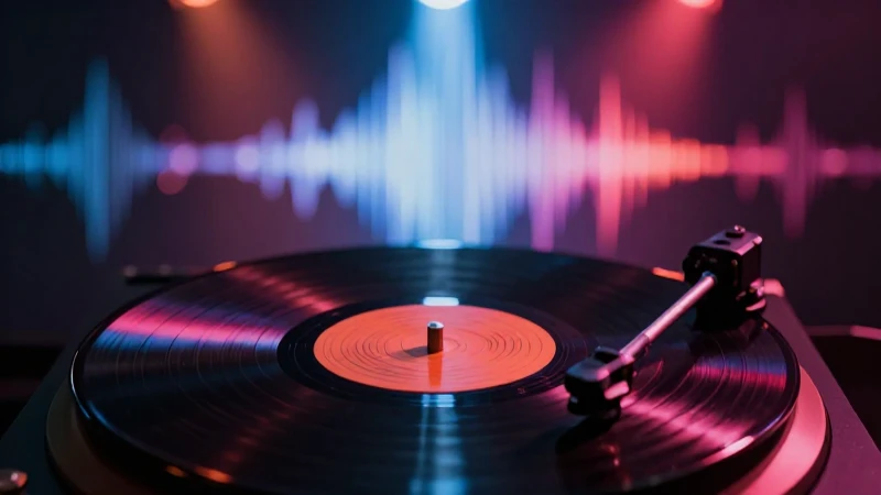 Vinilo vintage en concierto, iluminación dramática y color