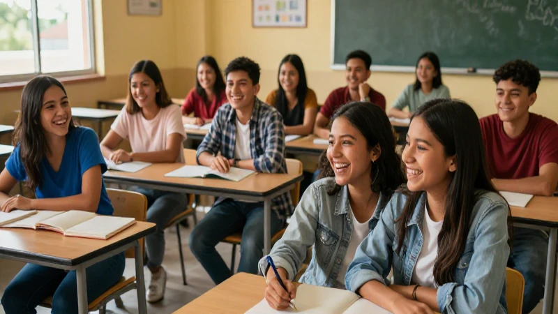Jóvenes estudiantes mexicanos ríen en un aula moderna