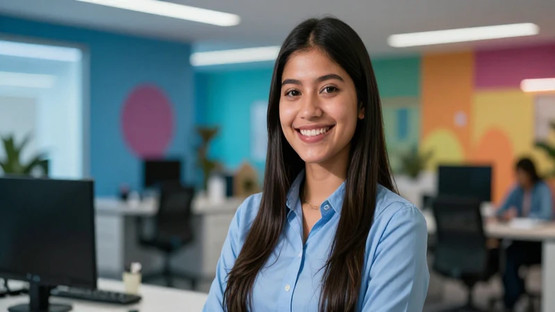 Joven mexicana sonríe en oficina moderna