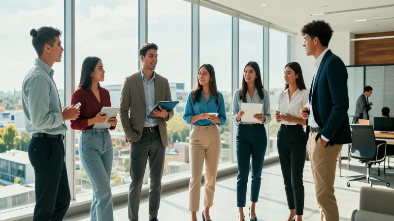 Jóvenes graduados mexicanos colaborando en una oficina moderna