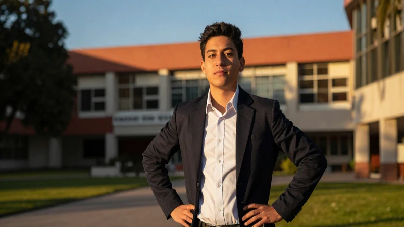 Estudiante mexicano en campus con luz dorada dramática