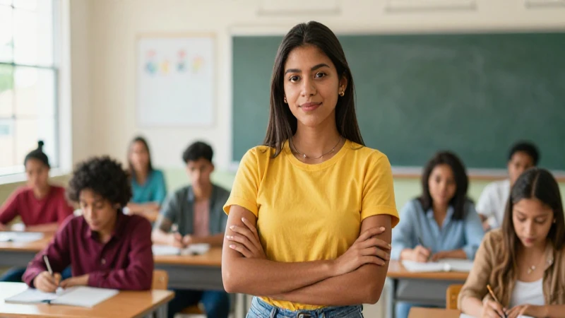 Joven maestra mexicana en aula moderna