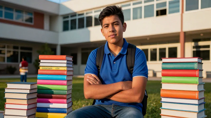 Joven mexicano con libros en campus moderno