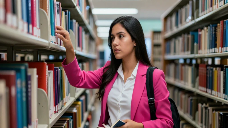 Estudiante mexicana exitosa en moderna biblioteca universitaria
