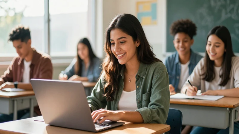 Estudiante mexicana feliz en aula moderna