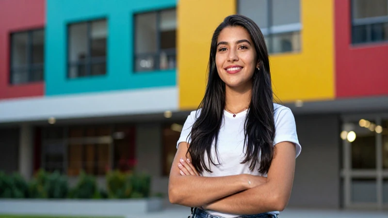 Estudiante mexicana sonriente en campus universitario moderno