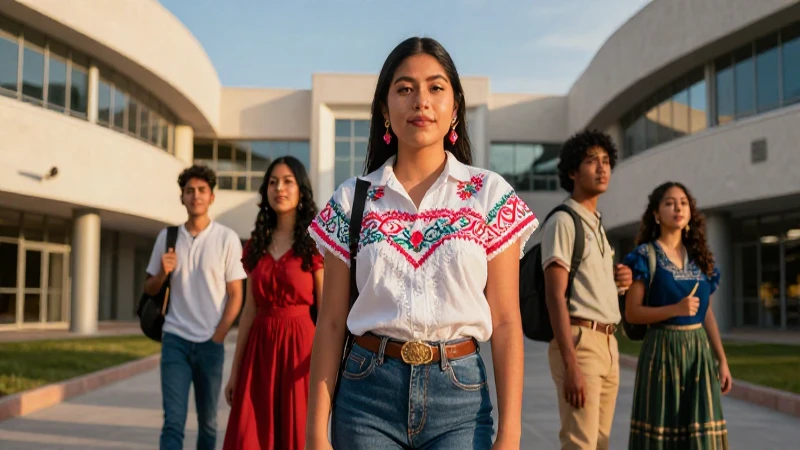 Estudiante mexicana tradicional en campus futurista