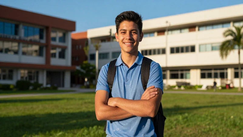 Estudiante mexicano sonriente en campus moderno