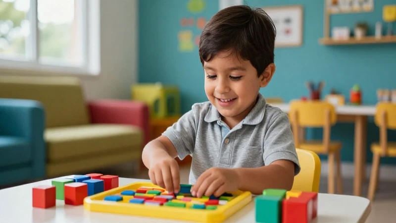 Niño mexicano feliz jugando con juguetes educativos