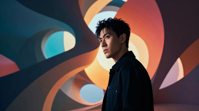 Joven confiado contempla estructura abstracta con iluminación dramática