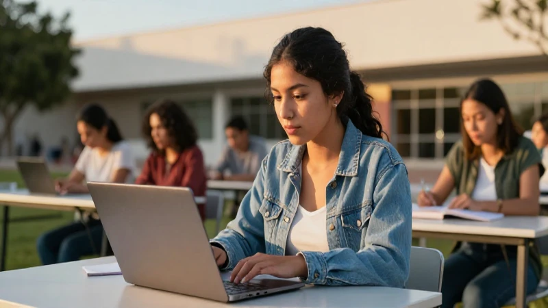 Estudiante mexicana en campus con luz dorada