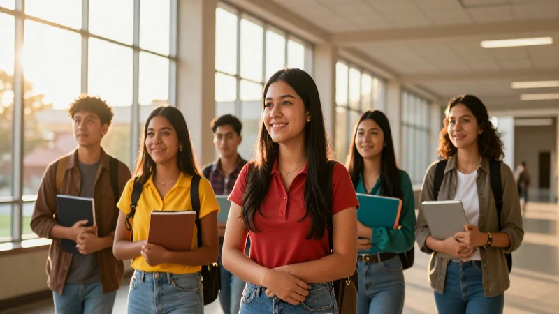 Estudiantes mexicanos en campus moderno con luz dorada