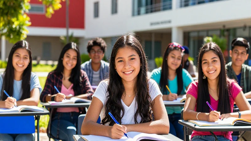 Estudiantes mexicanos sonriendo en un campus brillante