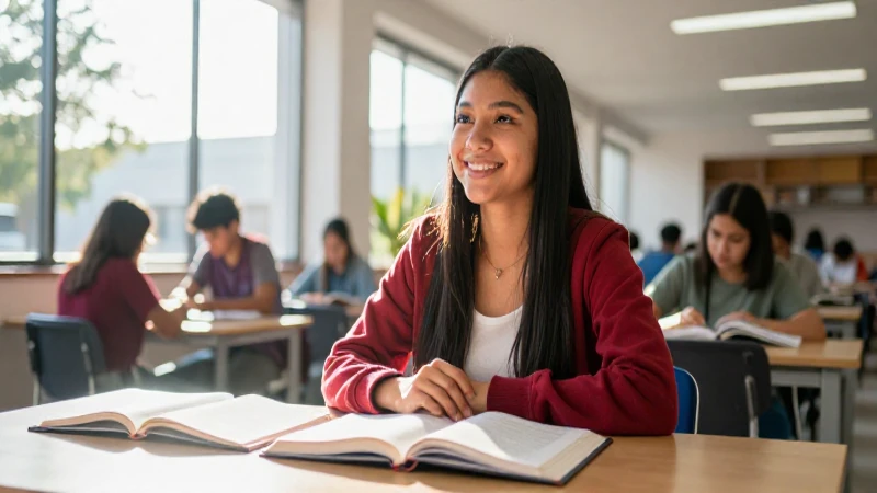 Estudiante mexicano sonríe en campus universitario moderno