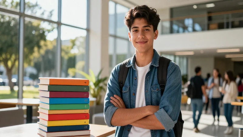 Estudiante mexicano sonríe en un campus moderno y soleado