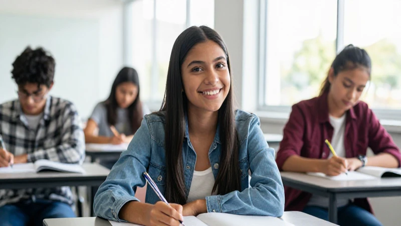 Estudiante mexicana sonriente en aula luminosa