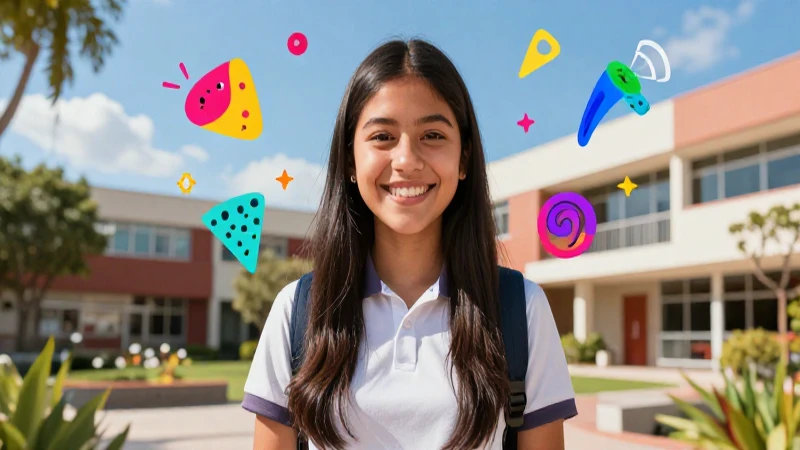 Estudiante mexicano sonriente en campus moderno y vibrante