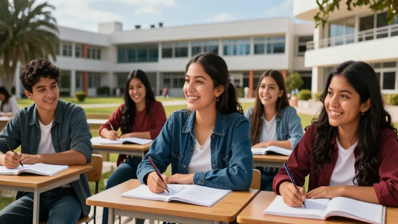 Estudiantes mexicanos felices en campus moderno