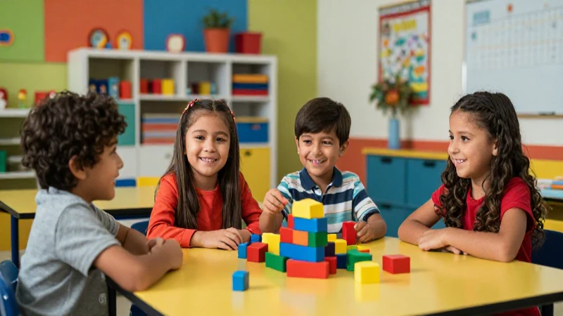 Niños sonriendo en un aula moderna y vibrante
