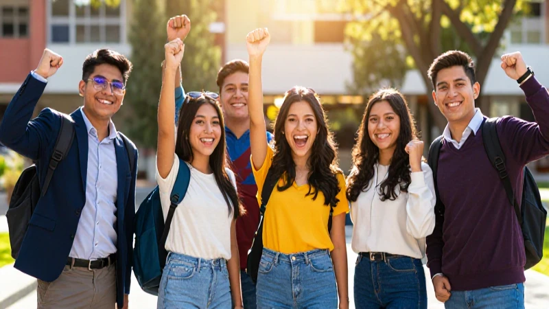 Estudiantes mexicanos celebrando en campus vibrante