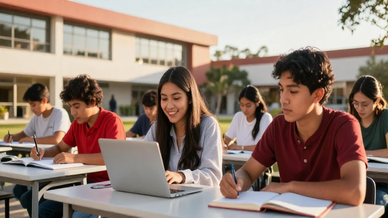 Estudiantes mexicanos en campus vibrante y moderno