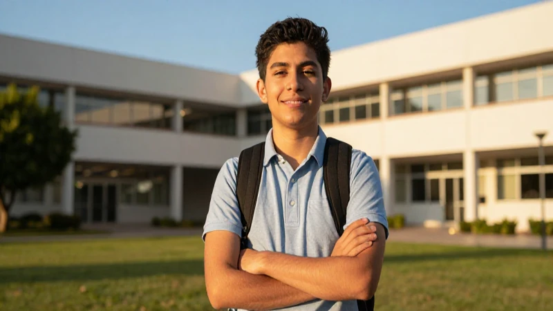 Estudiante mexicano sonríe bajo luz dorada