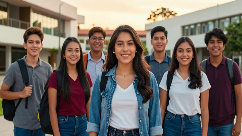 Estudiantes sonriendo en moderno campus académico