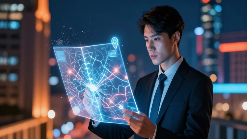 Profesional analizando mapa holográfico en ciudad moderna